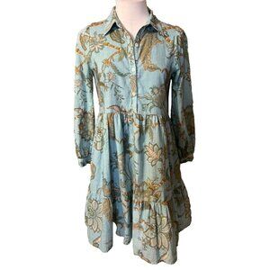 Anthropologie Ro's Garden Floral Dress XS Extra Small Blue Brown Cotton